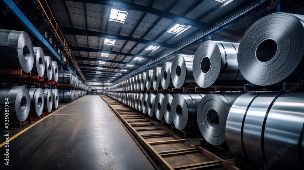 Rolls of galvanized steel sheet inside the factory or warehouse. Neural network ai generated art Rolls of galvanized steel sheet inside the factory or warehouse. Neural network ai generated art