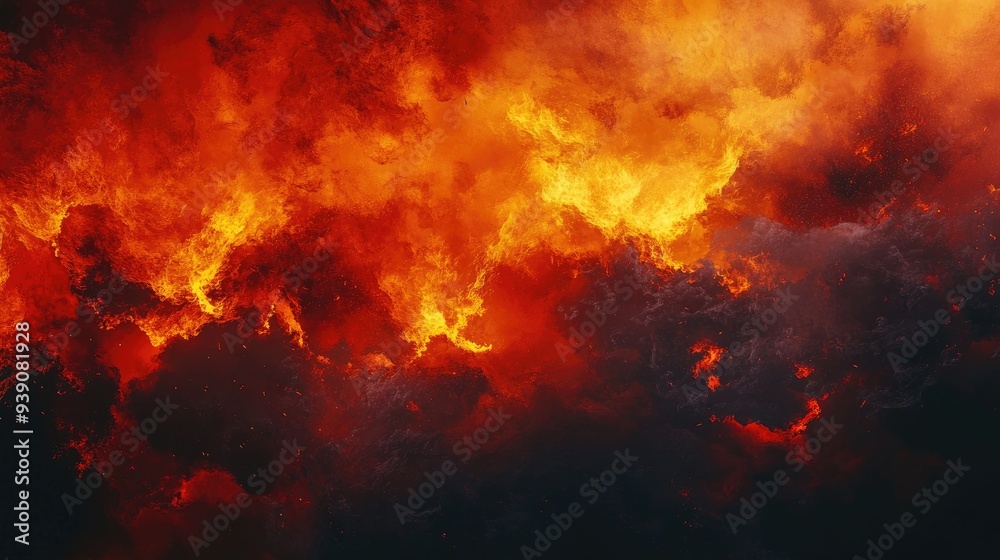 Fiery Halloween background with lava explosions, orange-red inferno, and black smoke, creating an intense atmosphere with space for text. Fiery Halloween background with lava explosions, orange-red inferno, and black smoke, creating an intense atmosphere with space for text.