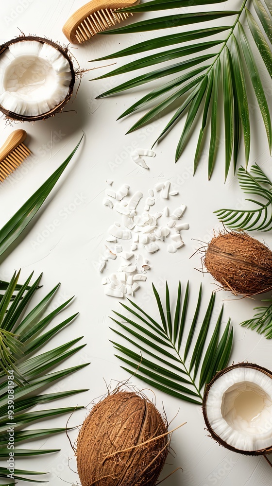 Hair care idea Coconut oil and brush on white background with space for text Hair care idea Coconut oil and brush on white background with space for text
