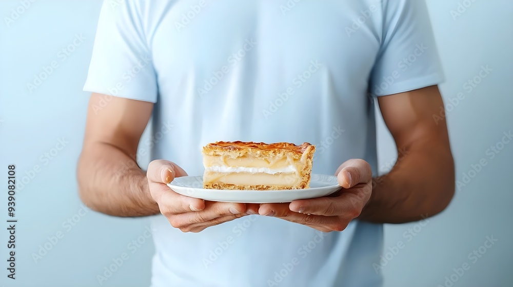 A person holds a delicious slice of cake on a white plate, showcasing the dessert against a soft blue background. A person holds a delicious slice of cake on a white plate, showcasing the dessert against a soft blue background.