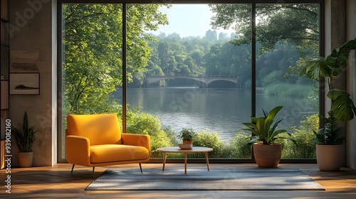 Front view of a living room corner with a small yellow armchair and coffee table, large window with a bridge and river, uninhabited space