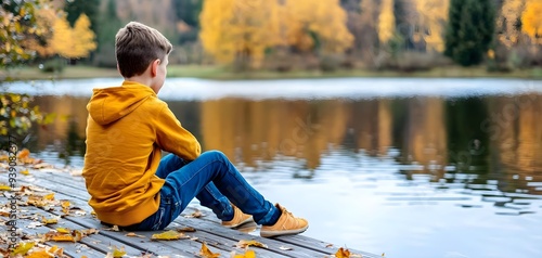 Fototapeta Naklejka Na Ścianę i Meble -  A thoughtful boy sitting by a serene lake in autumn, surrounded by colorful leaves, reflecting nature's beauty.
