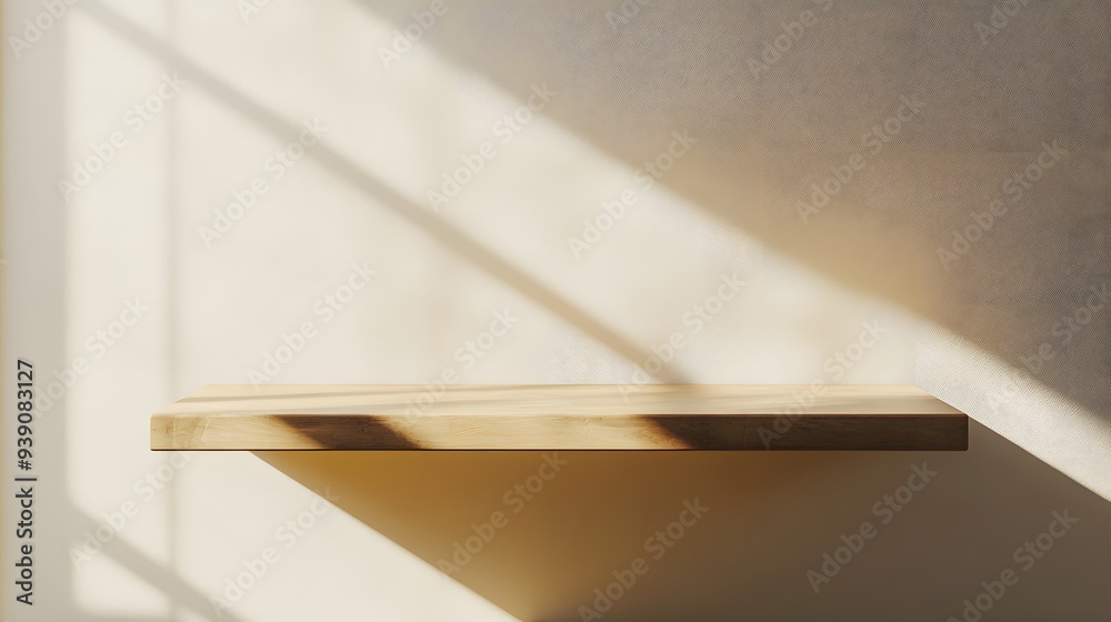 Minimalist beige wall background with a wood shelf for product presentation Minimalist beige wall background with a wood shelf for product presentation