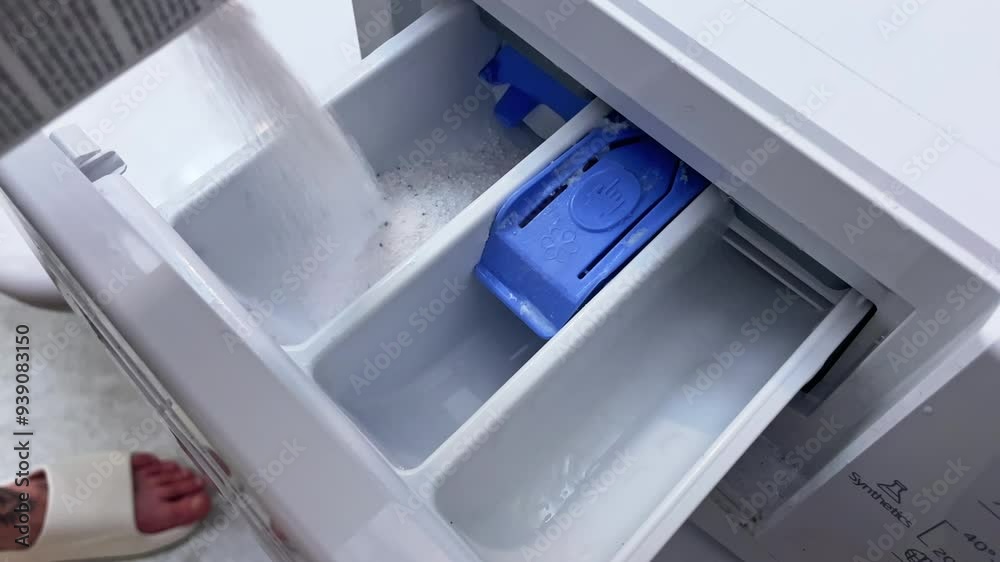 Close-up of a girl pouring powder into a washing machine. High quality FullHD footage