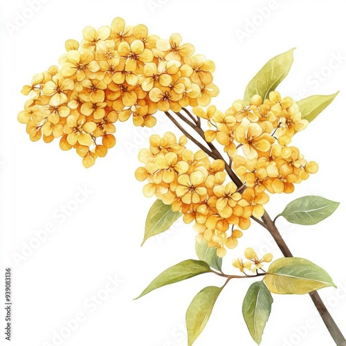 Yellow Elder with artistic border, brushstroke effect, isolated on white background, watercolor on white background, no blur, photo not dark, everything is clear, copy space
