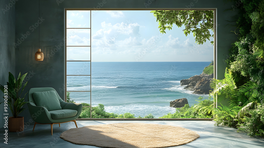 Fototapeta premium Peaceful flat with a sea view, green pastel armchair and carpet on the left, large window, sunny and quiet setting