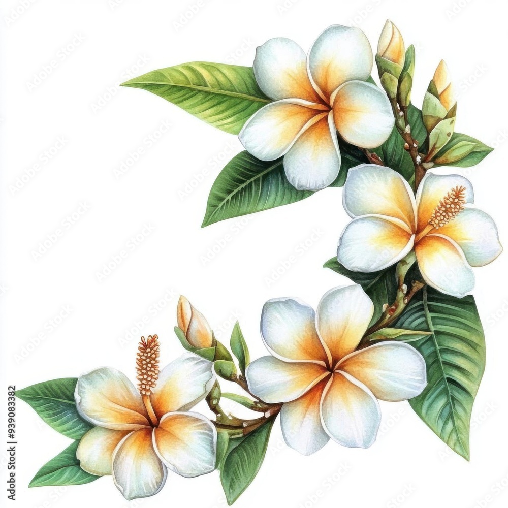 Obraz premium Frangipani with ornamental border, detailed illustration, isolated on white background, watercolor on white background, no blur, photo not dark, everything is clear, copy space