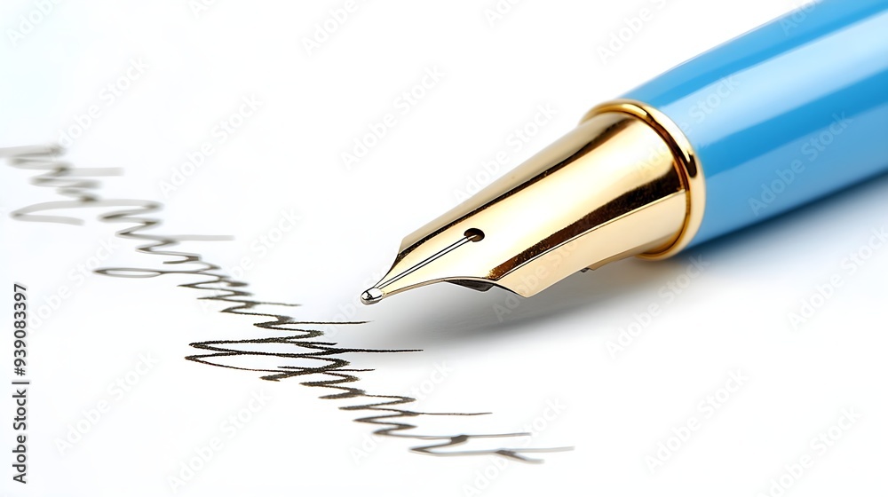 Close-up of a fountain pen writing elegant cursive on white paper, showcasing its fine nib and smooth ink flow. Close-up of a fountain pen writing elegant cursive on white paper, showcasing its fine nib and smooth ink flow.
