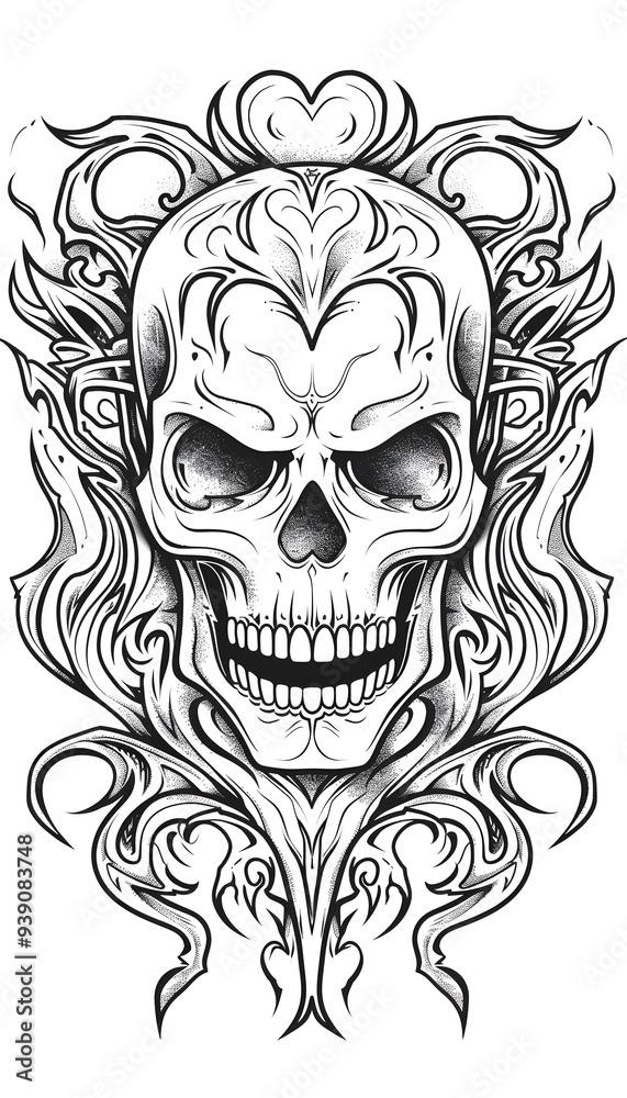 Tribal Skull and Heart Tattoo black and white illustration Tribal Skull and Heart Tattoo black and white illustration