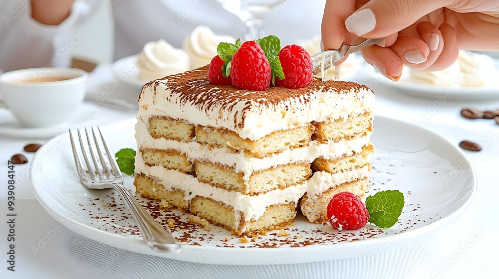 Delicious tiramisu topped with fresh raspberries and mint. Perfect for dessert lovers who appreciate gourmet treats. Delicious tiramisu topped with fresh raspberries and mint. Perfect for dessert lovers who appreciate gourmet treats.