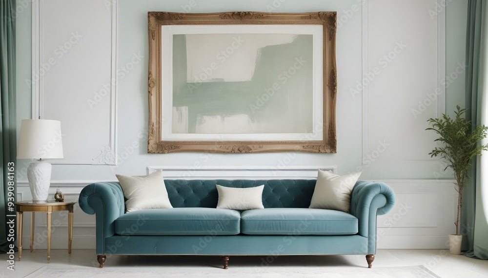 Interior mockup In a white room a blue sofa is placed next to a photo frame on the wall Interior mockup In a white room a blue sofa is placed next to a photo frame on the wall