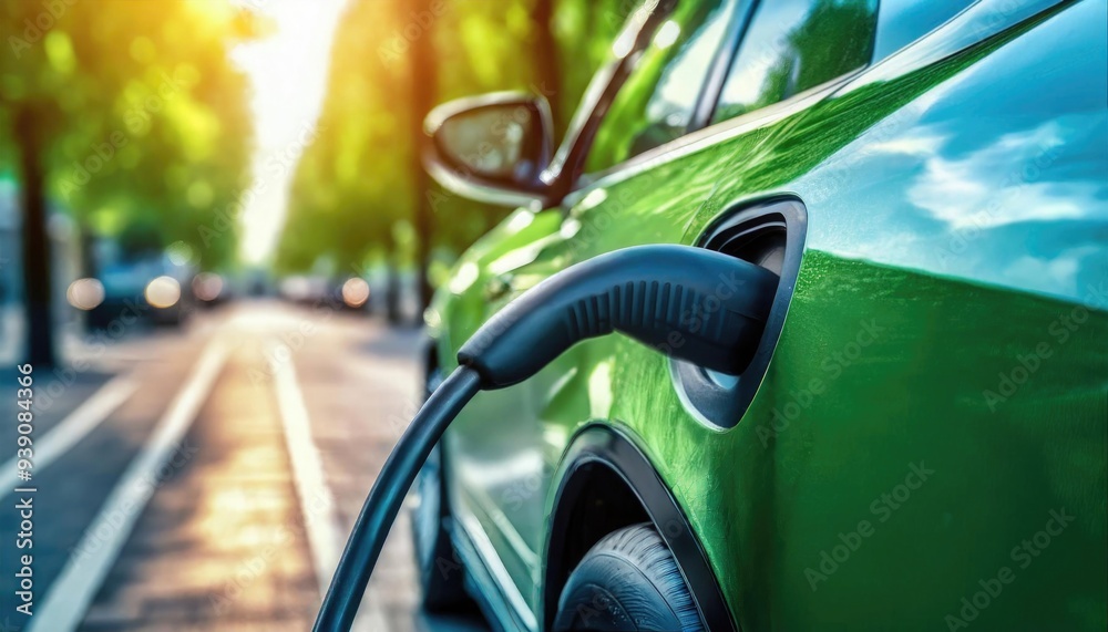 A close-up view of an electric car charging on a sunny street. A close-up view of an electric car charging on a sunny street.