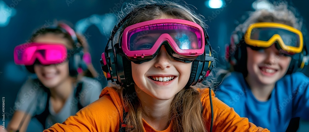 Three children enjoy an immersive gaming experience with colorful headsets and goggles, smiling and engaged in virtual reality fun. Three children enjoy an immersive gaming experience with colorful headsets and goggles, smiling and engaged in virtual reality fun.