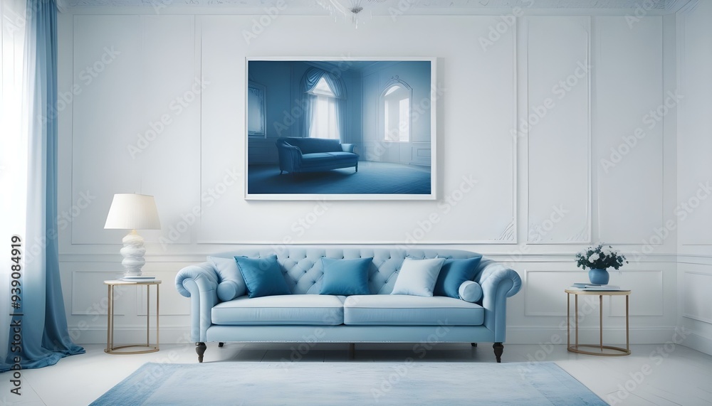 Interior mockup In a white room a blue sofa is placed next to a photo frame on the wall Interior mockup In a white room a blue sofa is placed next to a photo frame on the wall