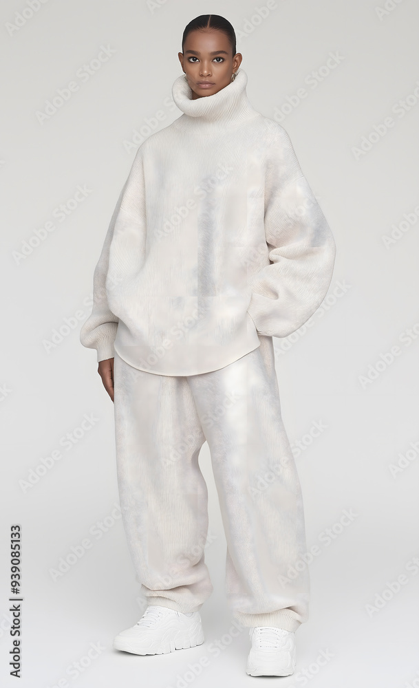 Fototapeta premium Full-Length Shot of Female Model in Oversized Beige Outfit