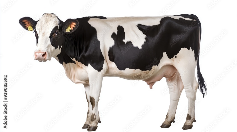 Full-body cow isolated on white, highlighting its markings and natural form, ideal for farm and agriculture concepts. Full-body cow isolated on white, highlighting its markings and natural form, ideal for farm and agriculture concepts.