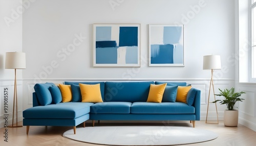 Interior mockup In a white room a blue sofa is placed next to a photo frame on the wall