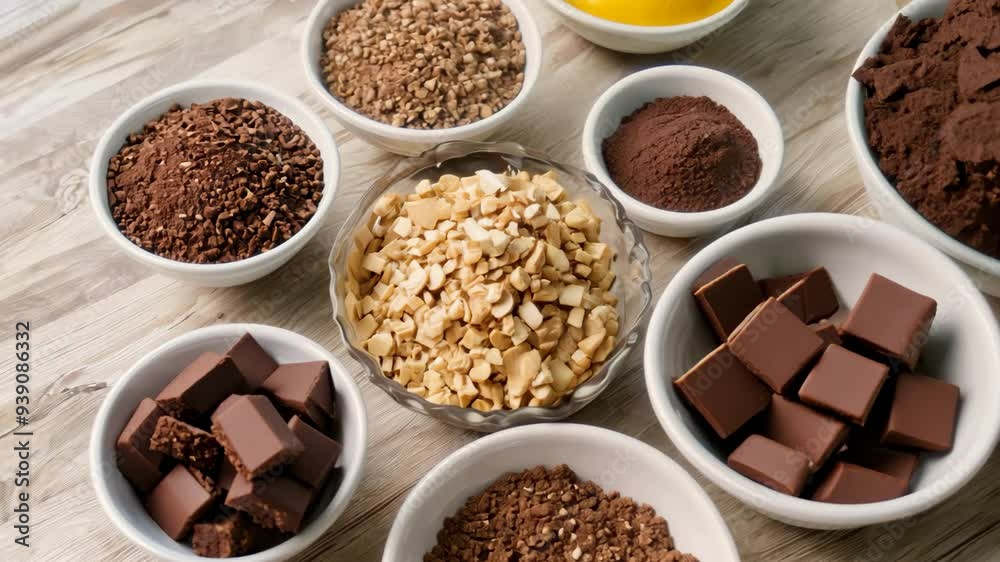 table with small white bowls filled with various types of chocolate, nuts, and dried fruits on a light wooden surface table with small white bowls filled with various types of chocolate, nuts, and dried fruits on a light wooden surface