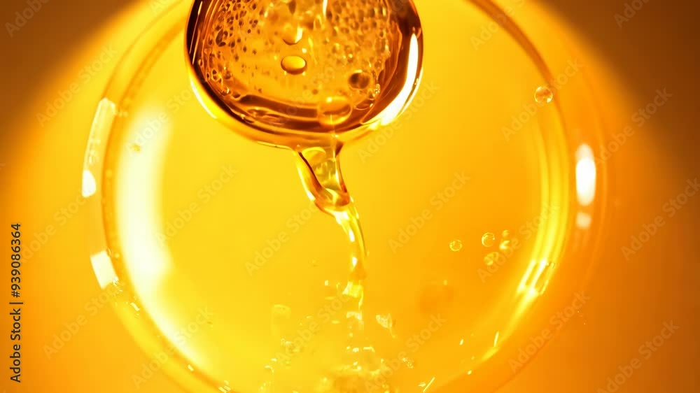 drop of oil is suspended in the air, with yellow and orange as its main colors, round amber oil drop in a yellow liquid
