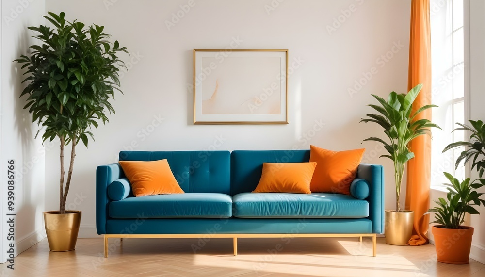 Interior mockup In a white room a blue sofa is placed next to a photo frame on the wall