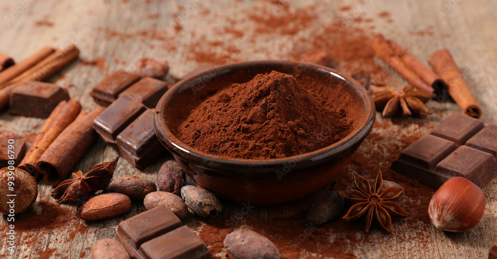 cocoa powder in bowl with spices, top view cocoa powder in bowl with spices, top view