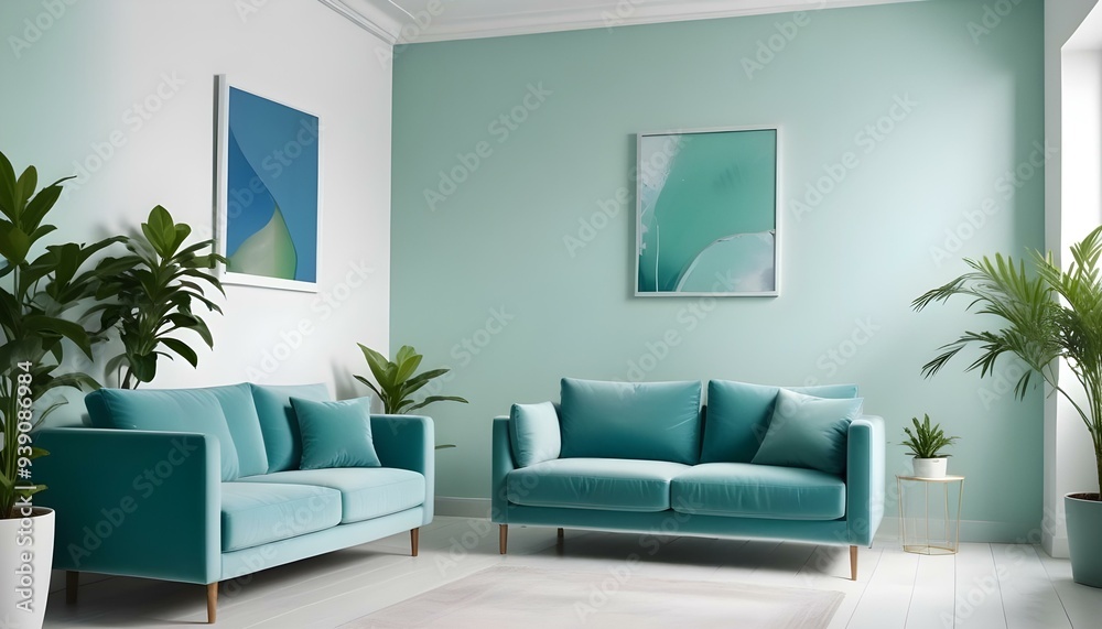 Interior mockup In a white room a blue sofa is placed next to a photo frame on the wall Interior mockup In a white room a blue sofa is placed next to a photo frame on the wall