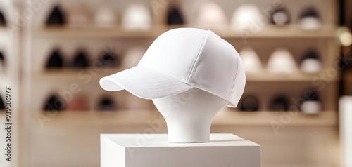 White baseball cap on a mannequin in a shop.