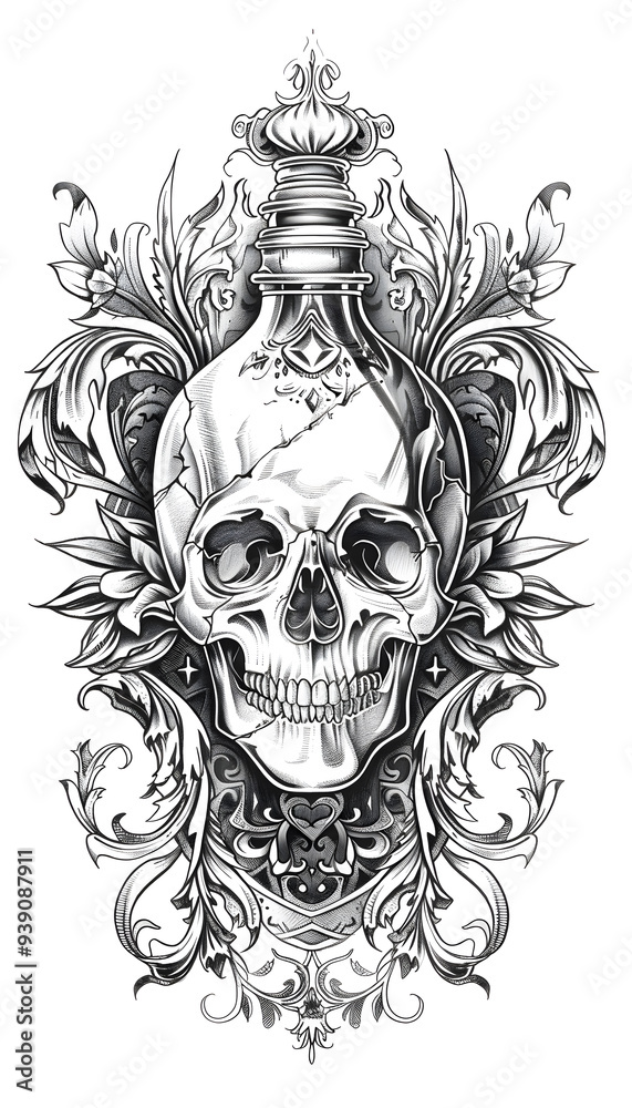 Fototapeta premium Tribal Skull and Poison Bottle Tattoo black and white illustration