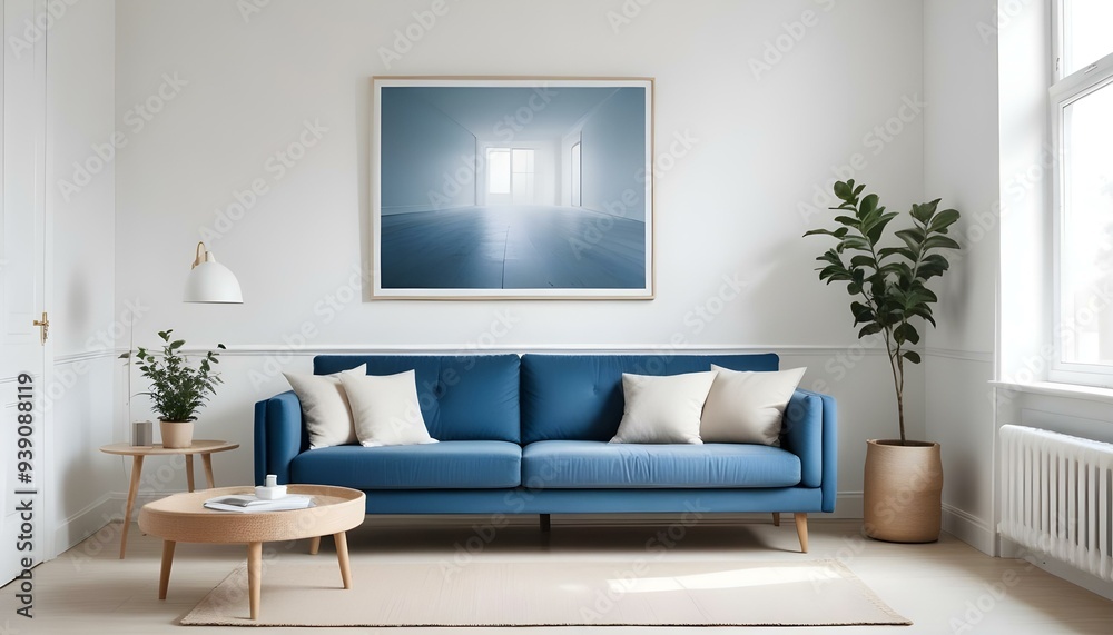 Interior mockup In a white room a blue sofa is placed next to a photo frame on the wall Interior mockup In a white room a blue sofa is placed next to a photo frame on the wall