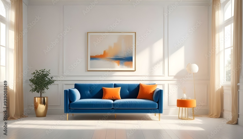 Interior mockup In a white room a blue sofa is placed next to a photo frame on the wall Interior mockup In a white room a blue sofa is placed next to a photo frame on the wall