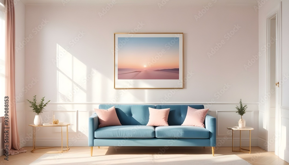 Interior mockup In a white room a blue sofa is placed next to a photo frame on the wall Interior mockup In a white room a blue sofa is placed next to a photo frame on the wall