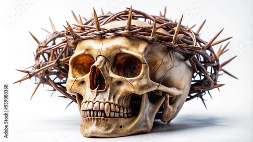 A skull wearing a crown made of thorns on a white background.