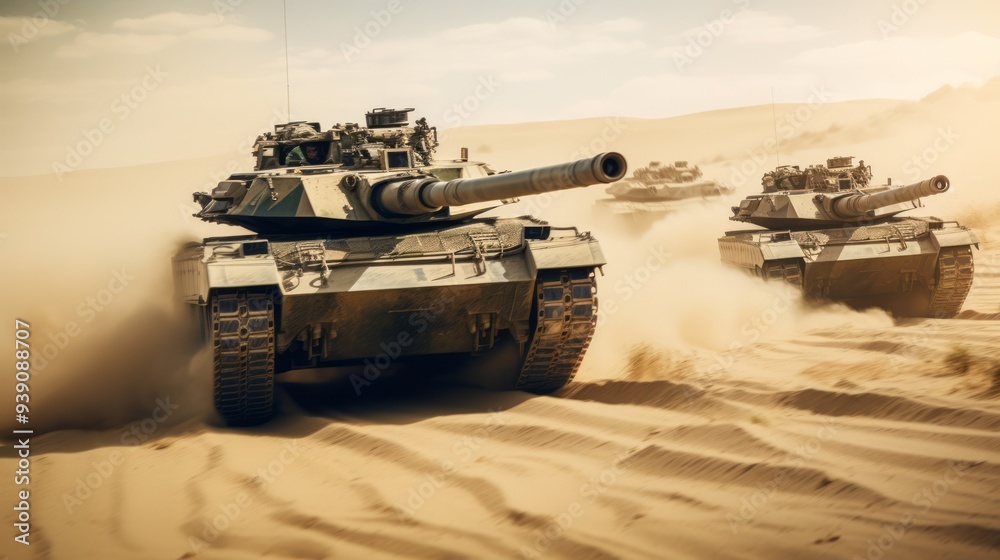Army tanks in war battle on desert sands in movement. Neural network ai generated art Army tanks in war battle on desert sands in movement. Neural network ai generated art