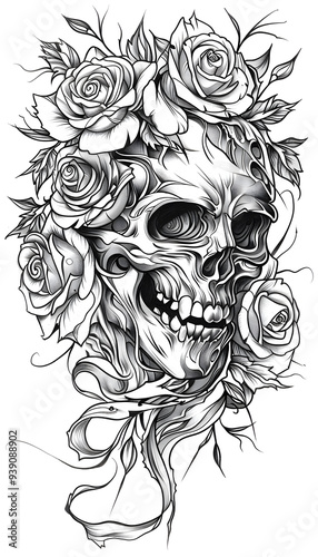 Tribal Skull and Roses Tattoo black and white illustration