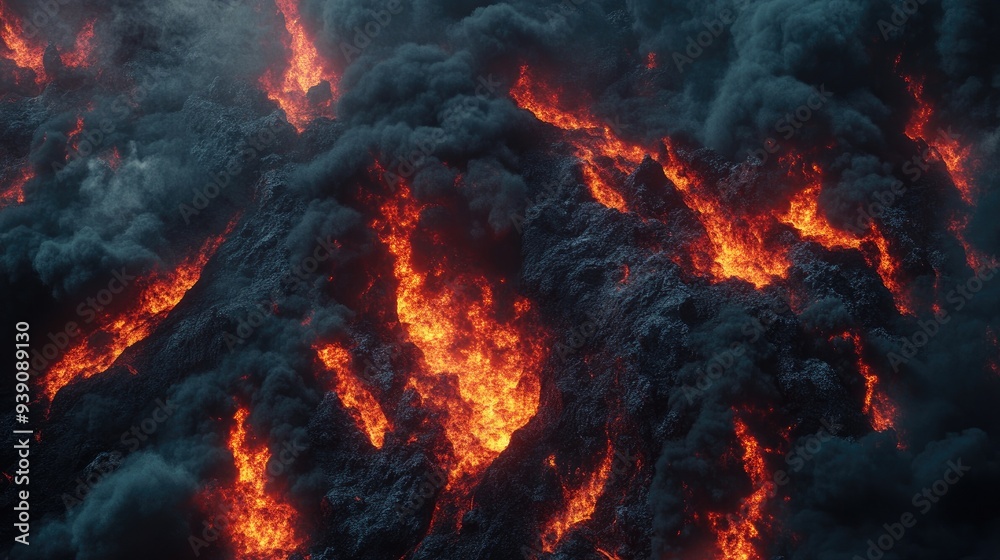 Hellish background featuring intense flames, molten lava rivers, and thick black smoke, creating a scene of ultimate chaos. Hellish background featuring intense flames, molten lava rivers, and thick black smoke, creating a scene of ultimate chaos.