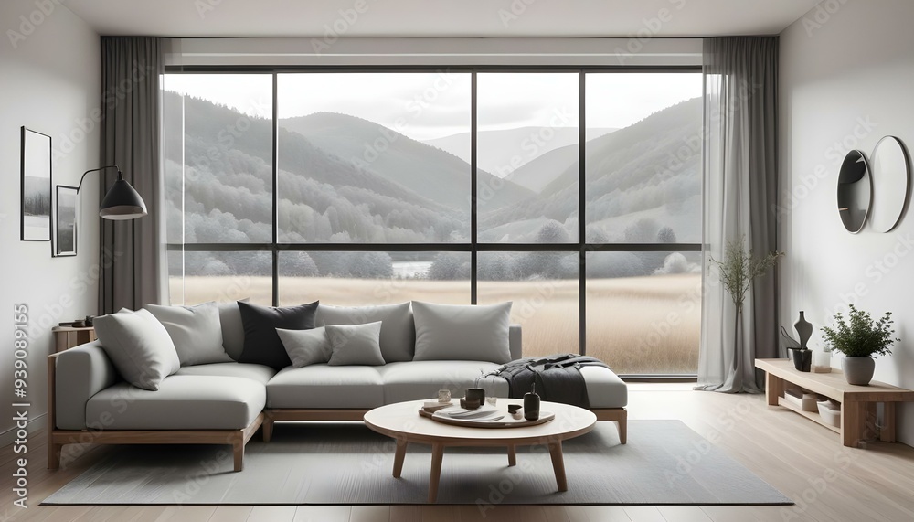 Interior mockup In a white room a blue sofa is placed next to a photo frame on the wall Interior mockup In a white room a blue sofa is placed next to a photo frame on the wall