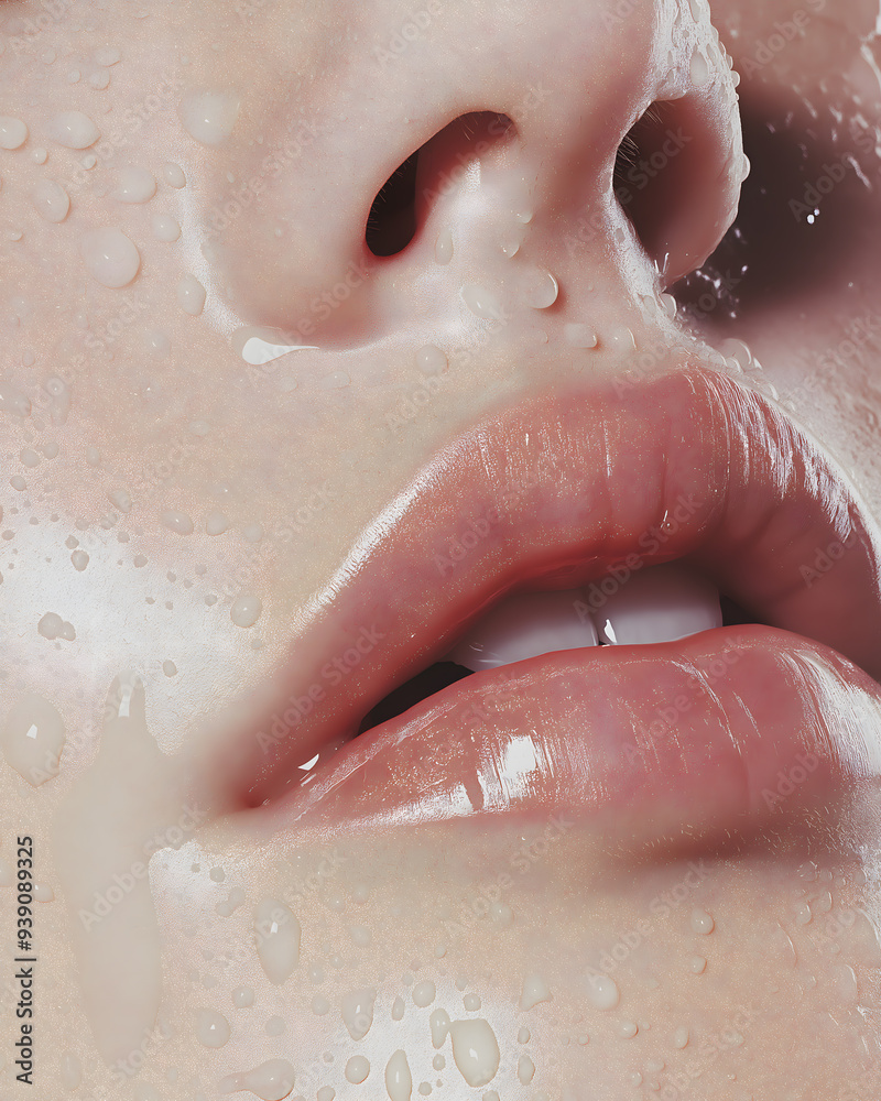 Fototapeta premium Close-Up of a Woman's Face with Water Drops, Highlighting Hydration and Natural Beauty in High-Resolution Photography