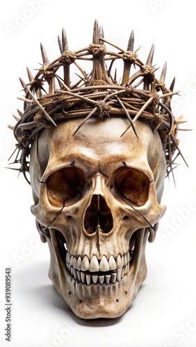 A skull wearing a crown made of thorns on a white background.