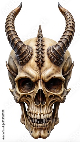 A skull with horns and demonic features on a white background.