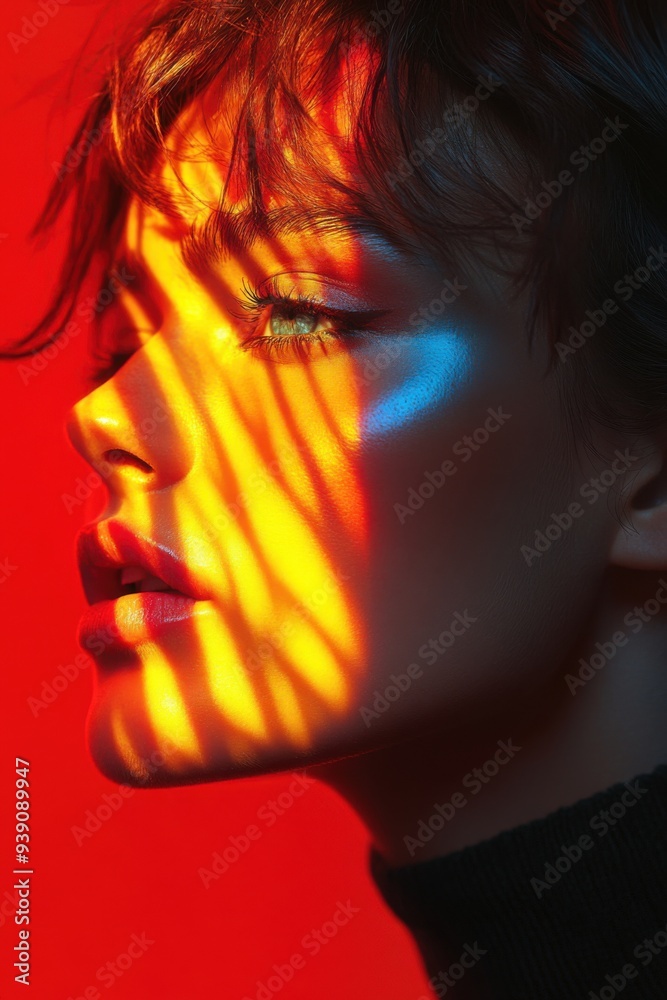 Naklejka premium Portrait of a woman with a bright light on her face, creative portrait
