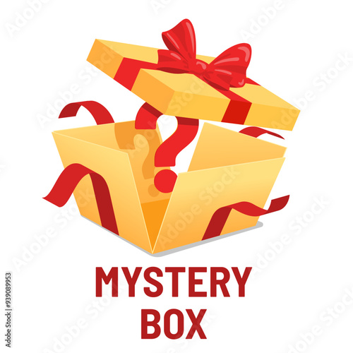 Mystery box, Surprise box on a white background. Question Signs, Serpentine and colorful confetti flew out opened gift box wrapped by red bow. Happy birthday, or Christmas Secret present Surprise box.