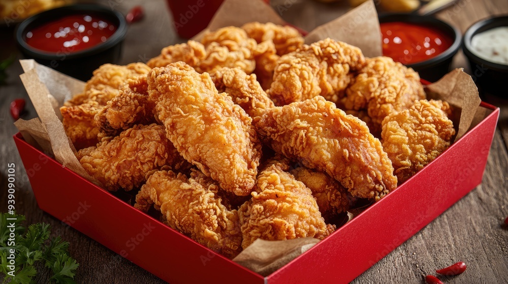 Hot and crispy fried chicken strips in a large red box, showcasing golden-brown crunchy pieces perfect for a delicious meal. Hot and crispy fried chicken strips in a large red box, showcasing golden-brown crunchy pieces perfect for a delicious meal.