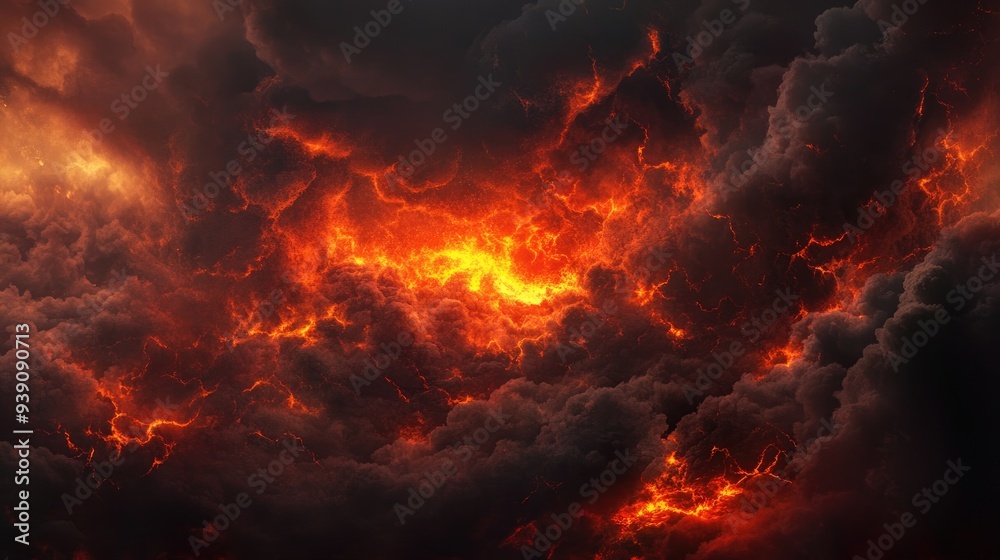 Infernal scene with blazing fire, red-hot lava, and dark clouds of smoke, representing the depths of hell. Infernal scene with blazing fire, red-hot lava, and dark clouds of smoke, representing the depths of hell.