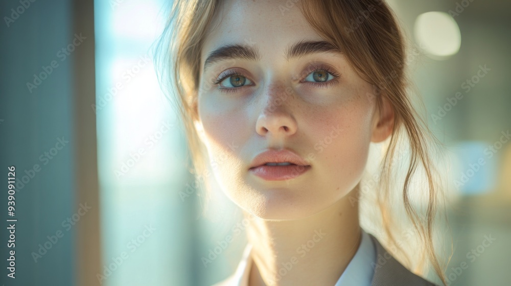 Close-up of a young businesswoman with a focused look, wearing a blazer and with natural lighting highlighting her features Close-up of a young businesswoman with a focused look, wearing a blazer and with natural lighting highlighting her features