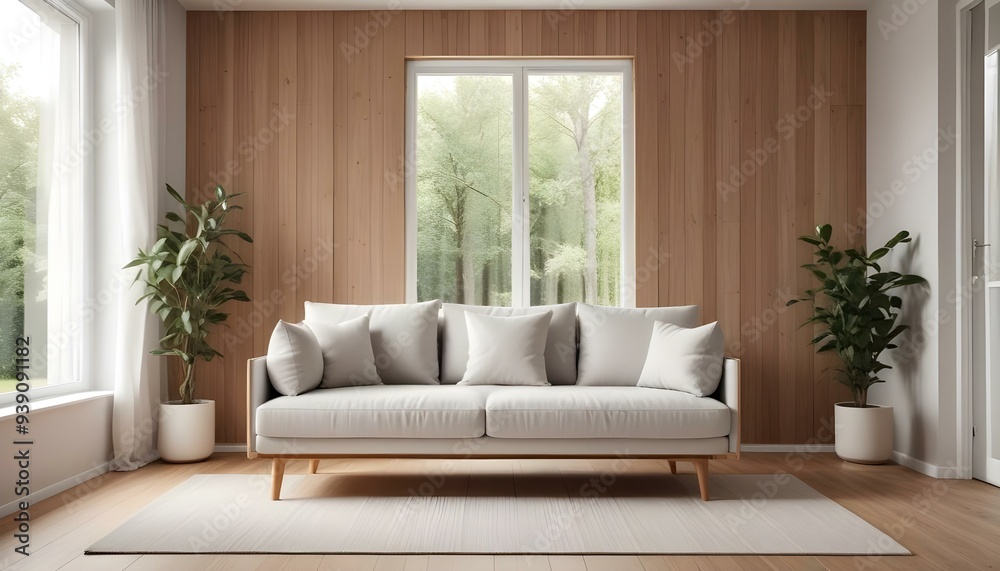 Interior mockup In a white room a blue sofa is placed next to a photo frame on the wall Interior mockup In a white room a blue sofa is placed next to a photo frame on the wall