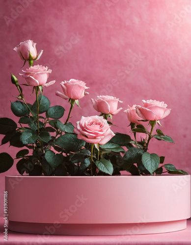 luxury pink empty podium or pedestal for product ads and showcase with full bloom pink rose photo