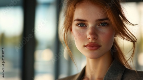 Close-up of a young businesswoman with a focused look  wearing a blazer and with natural lighting highlighting her features
