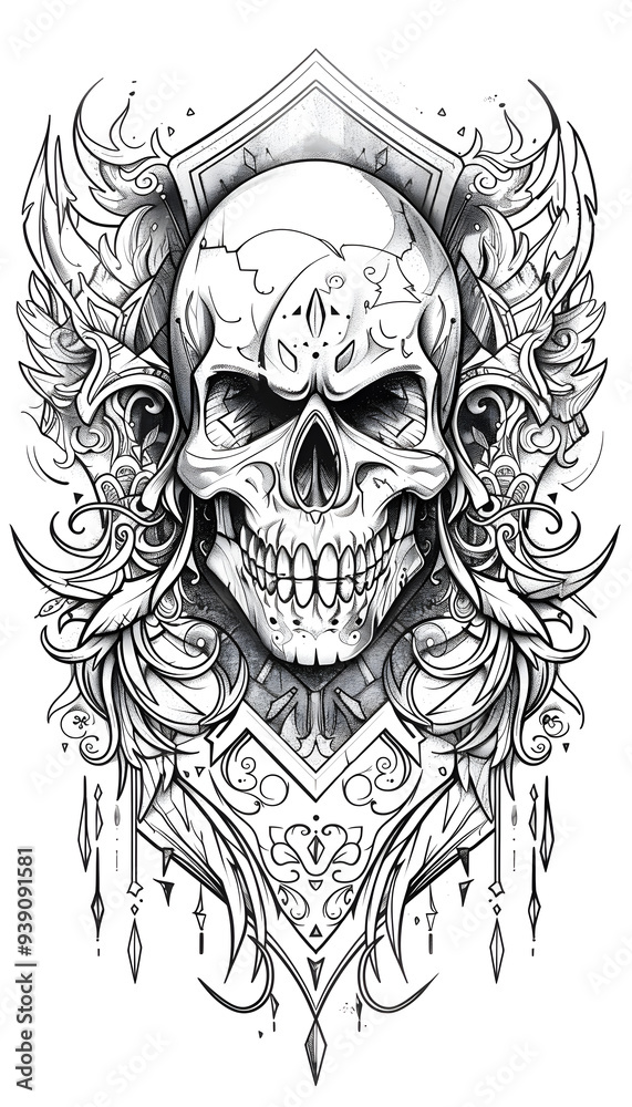 Tribal Skull and Shield Tattoo black and white illustration Tribal Skull and Shield Tattoo black and white illustration