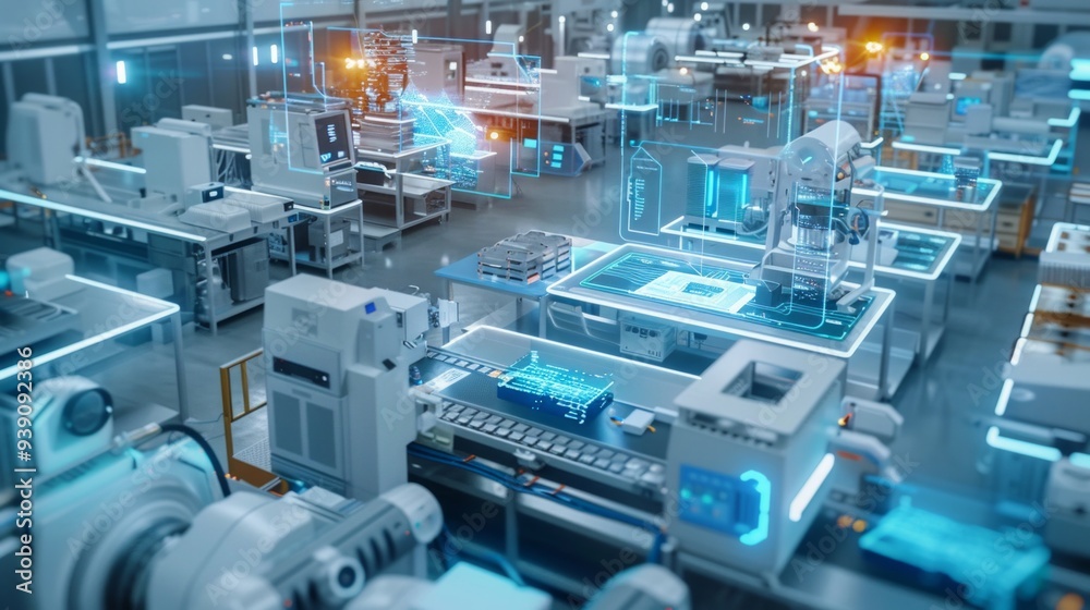 modern manufacturing shopfloor, holographic overlays symbolizing data flows between different manufacturing equipment, AI Generative modern manufacturing shopfloor, holographic overlays symbolizing data flows between different manufacturing equipment, AI Generative