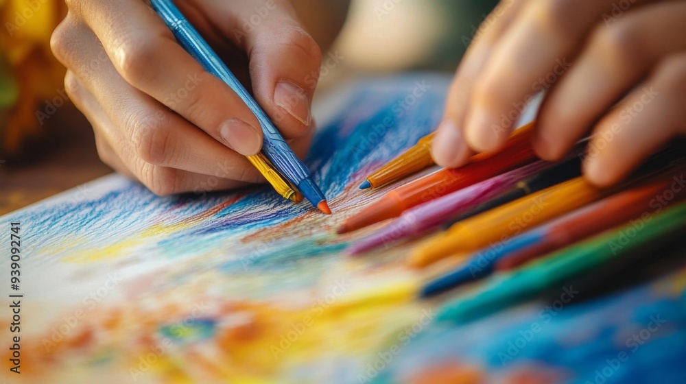 Close-up of hands holding a set of colored pens while drawing or coloring, with a focus on the pens and the artwork Close-up of hands holding a set of colored pens while drawing or coloring, with a focus on the pens and the artwork